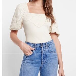 Express Embroidered Square Neck Puff Sleeve Crop Top